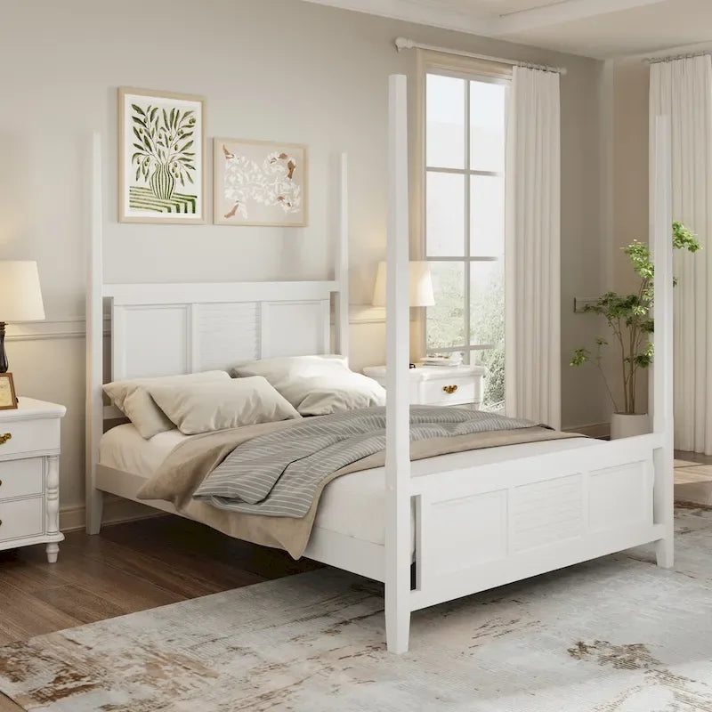 Roomfitters King Size Poster Bed, Solid Wood Frame, Horizontal Grille Design, White