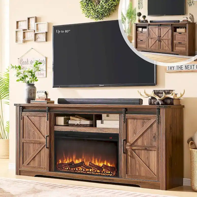Farmhouse Fireplace TV Stand for 80 Inch TV, Entertainment Center