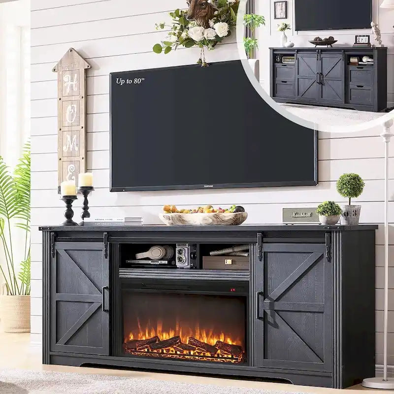 Farmhouse Fireplace TV Stand for 80 Inch TV, Entertainment Center