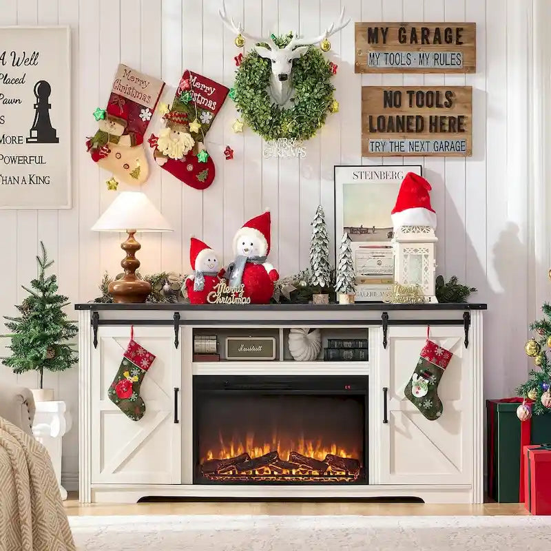 Farmhouse Fireplace TV Stand for 80 Inch TV, Entertainment Center