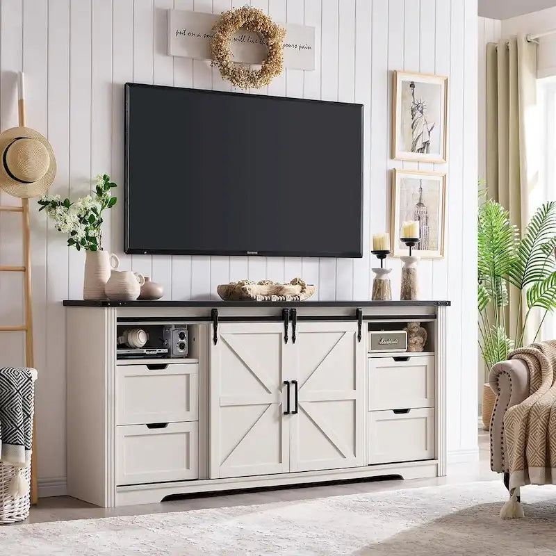 Farmhouse Fireplace TV Stand for 80 Inch TV, Entertainment Center