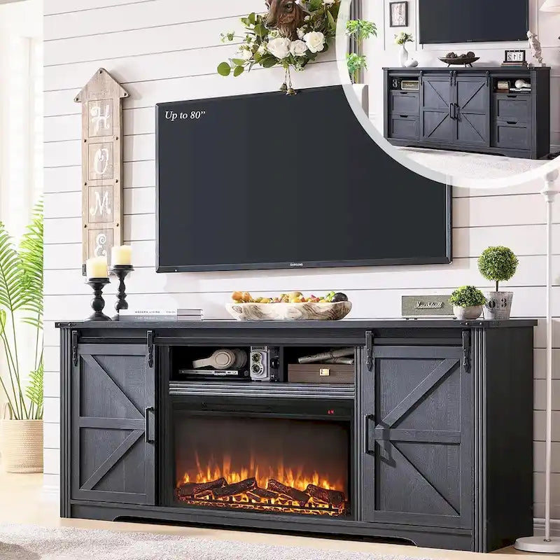 Farmhouse Fireplace TV Stand for 80 Inch TV, Entertainment Center