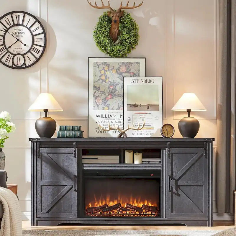 Farmhouse Fireplace TV Stand for 80 Inch TV, Entertainment Center