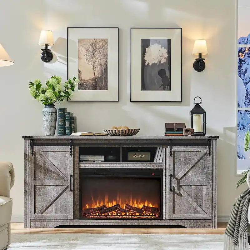 Farmhouse Fireplace TV Stand for 80 Inch TV, Entertainment Center