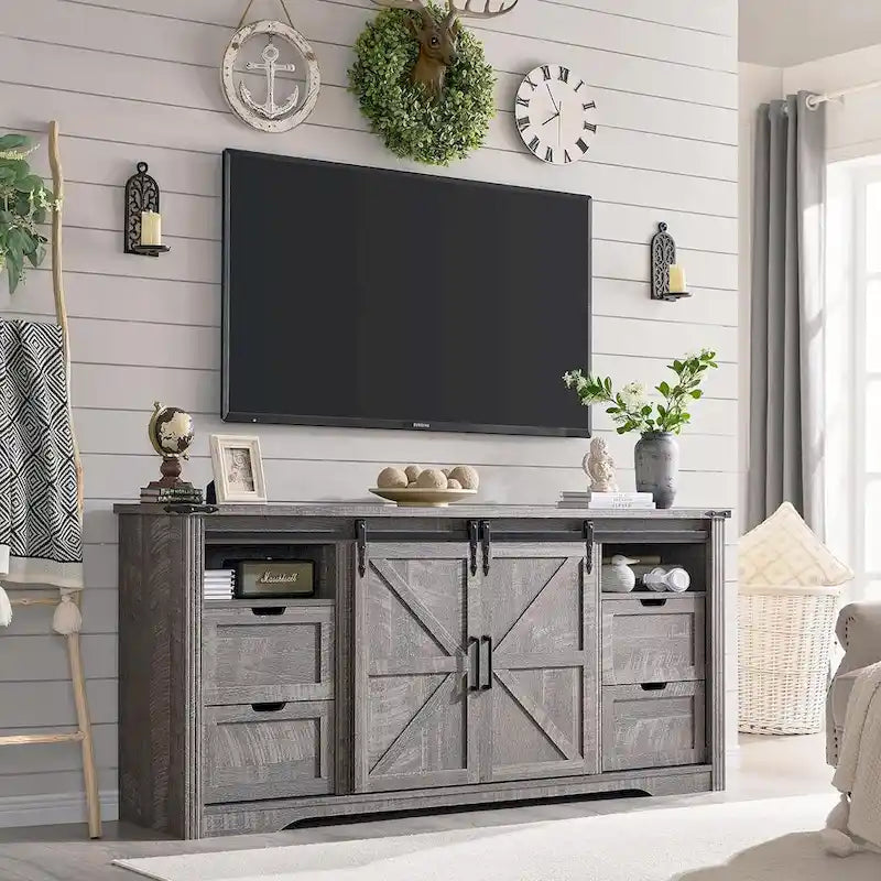 Farmhouse Fireplace TV Stand for 80 Inch TV, Entertainment Center