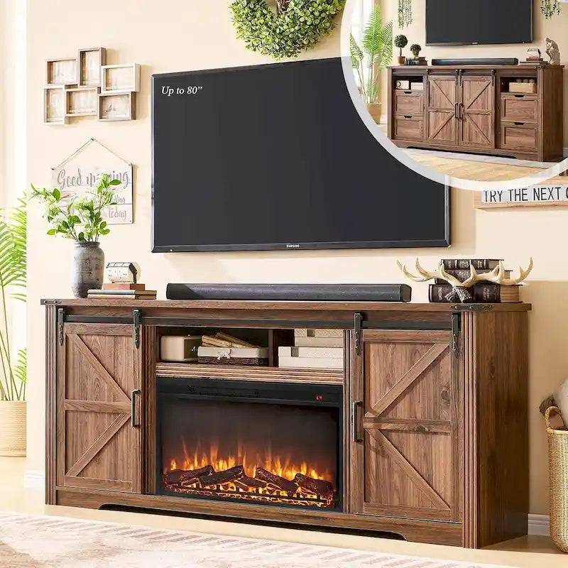 Farmhouse Fireplace TV Stand for 80 Inch TV, Entertainment Center