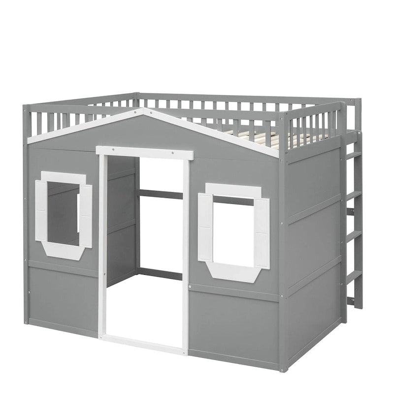 House Loft Bed With Ladder-Gray+White Frame