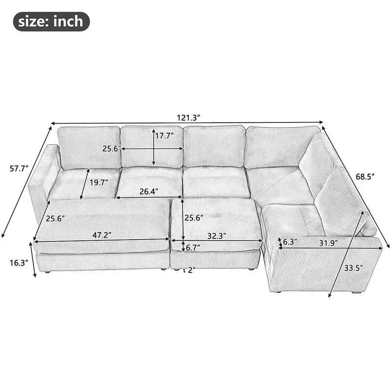 Corduroy Sectional Couch Sofa Bed, Modular Sofa with 2 Movable Ottomans Sleeper Recliner Sofa Couch for Living Room