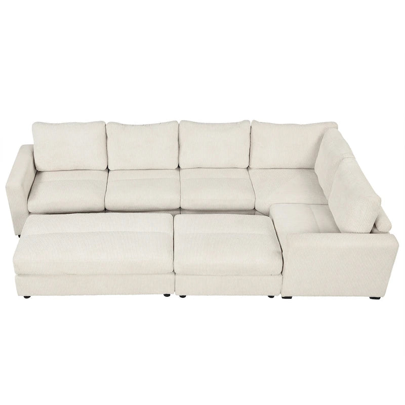 Corduroy Sectional Couch Sofa Bed, Modular Sofa with 2 Movable Ottomans Sleeper Recliner Sofa Couch for Living Room