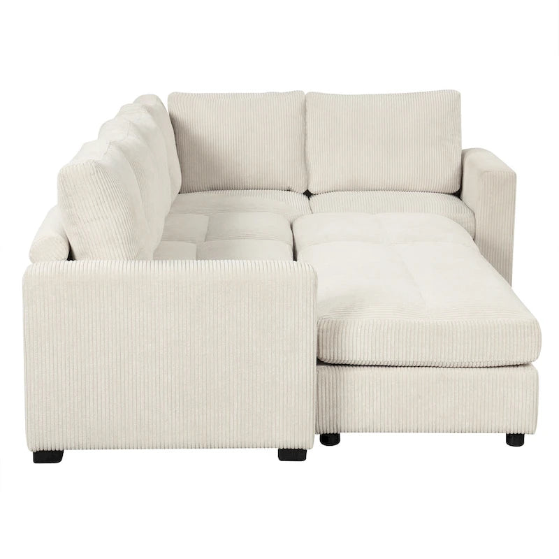 Corduroy Sectional Couch Sofa Bed, Modular Sofa with 2 Movable Ottomans Sleeper Recliner Sofa Couch for Living Room