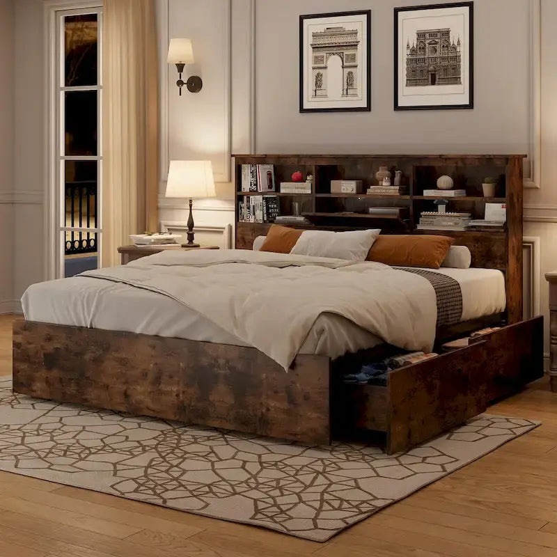 Full Bed Frame with High Storage Bookcase Headboard