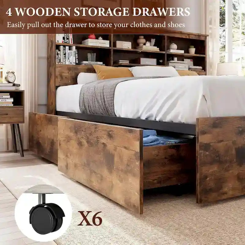 Full Bed Frame with High Storage Bookcase Headboard