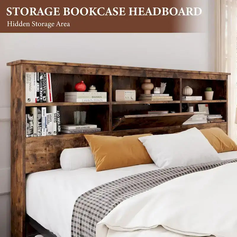 Full Bed Frame with High Storage Bookcase Headboard