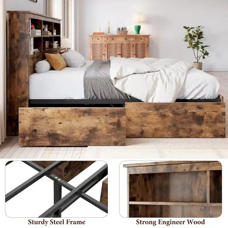 Full Bed Frame with High Storage Bookcase Headboard