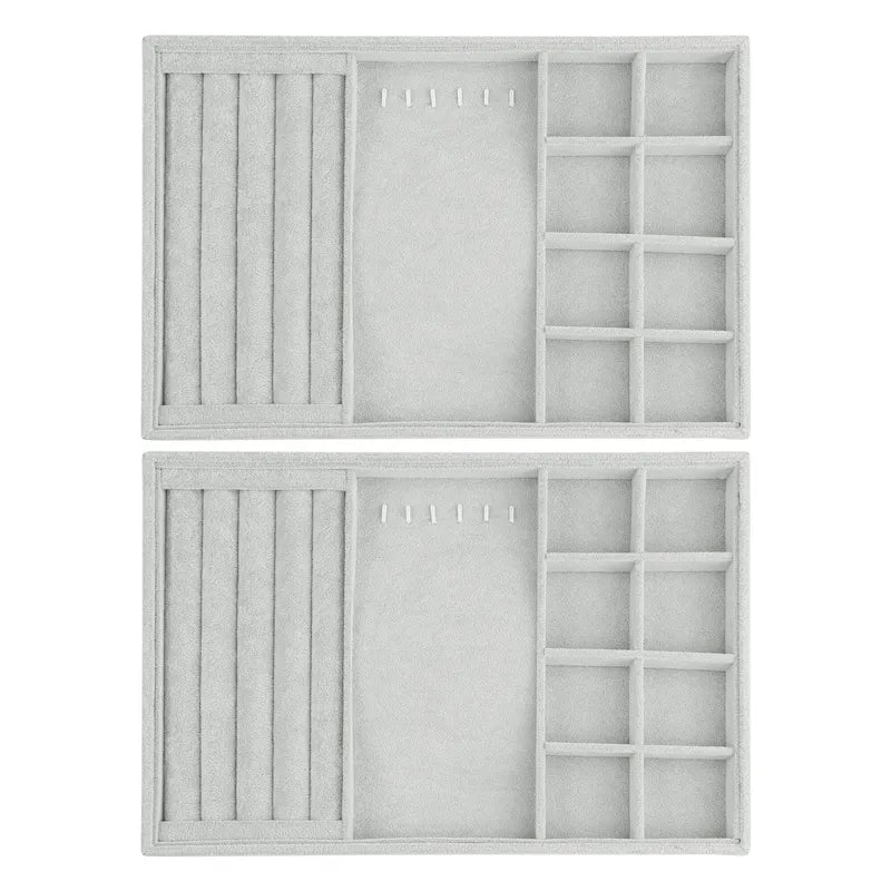Set of 2 Stackable Velvet Jewelry Organizer Trays with Removable Dividers for Drawers, Jewelry Organizer Drawer Case