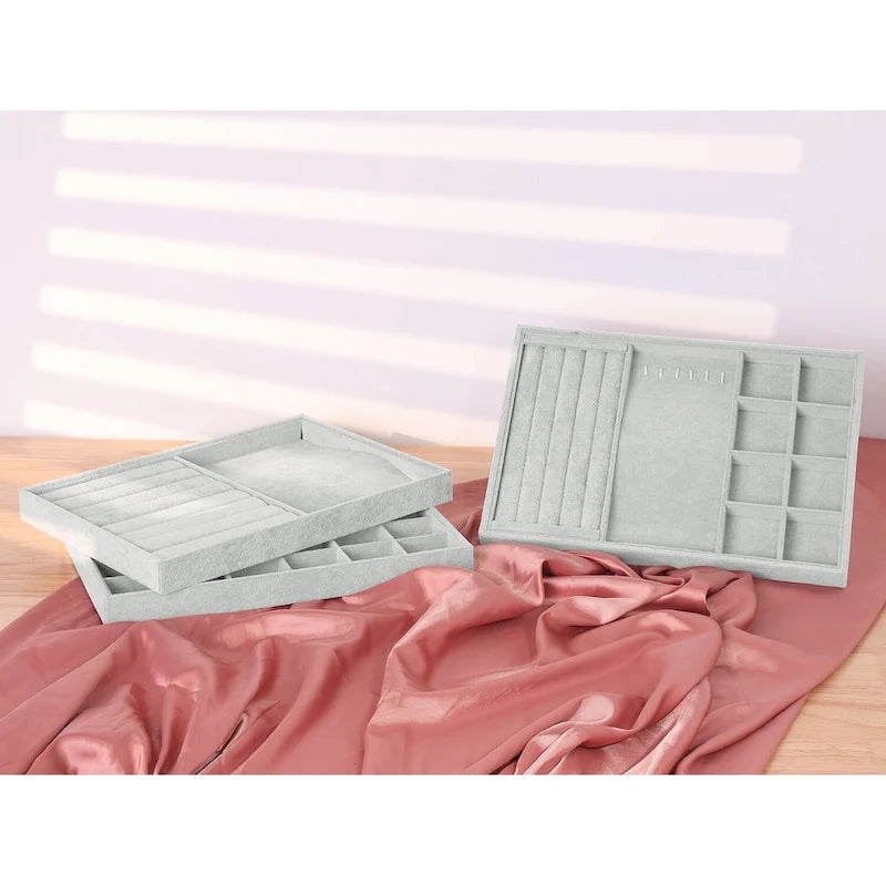 Set of 2 Stackable Velvet Jewelry Organizer Trays with Removable Dividers for Drawers, Jewelry Organizer Drawer Case