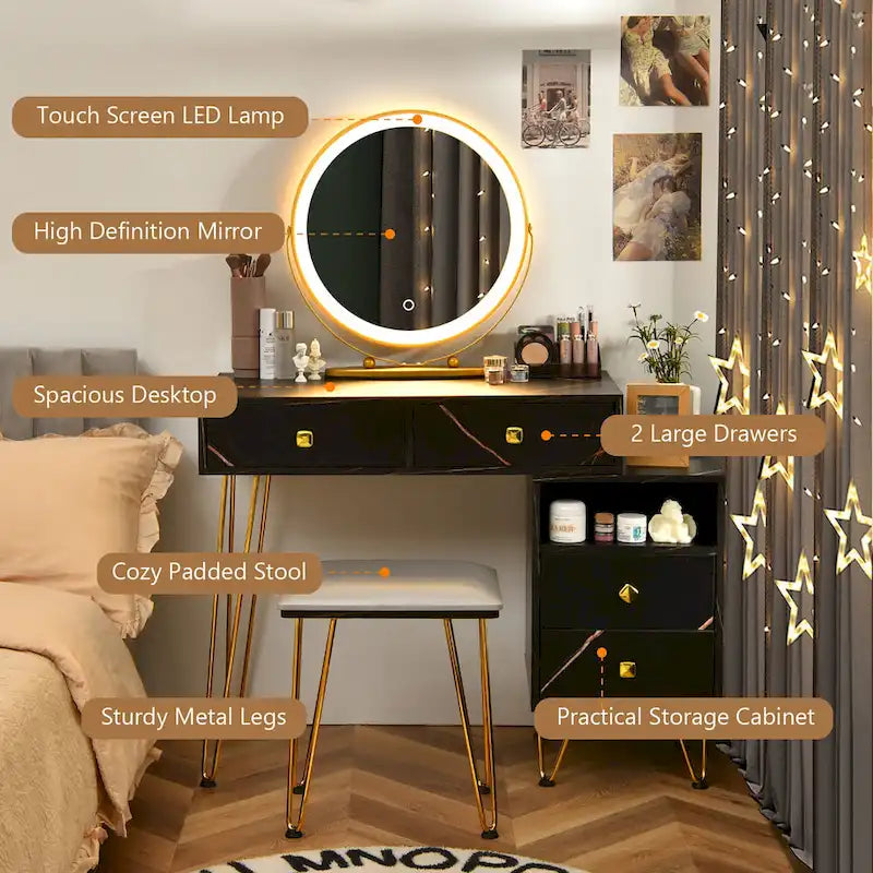 Costway Vanity Table Stool Set Dimmer LED Mirror Large Storage Cabinet - See details