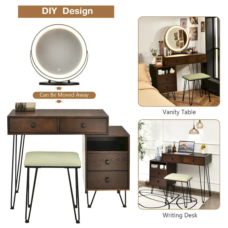 Costway Vanity Table Stool Set Dimmer LED Mirror Large Storage Cabinet - See details