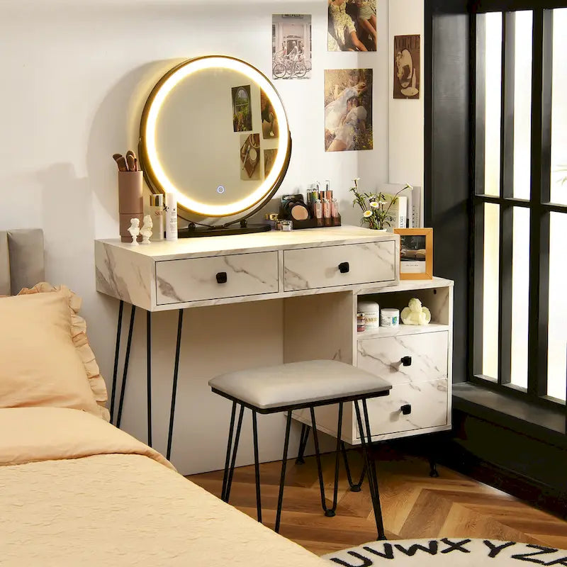 Costway Vanity Table Stool Set Dimmer LED Mirror Large Storage Cabinet - See details