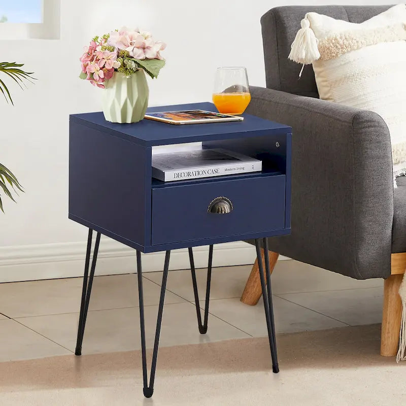 Modern Mid Century 1-Drawer Hairpin Nightstands, Brown/Blue/Black/Yellow, Four Options