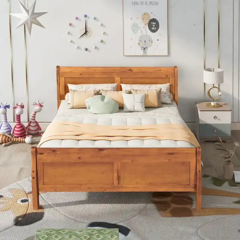 Full Size Wood Platform Bed with Headboard and Wooden Slat Support, White