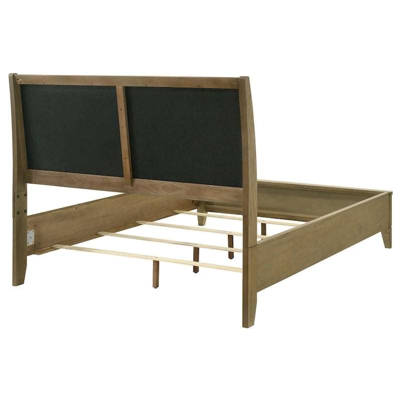 Heon Queen Bed, Block Panel Headboard, Ivory Upholstery, Pine Wood