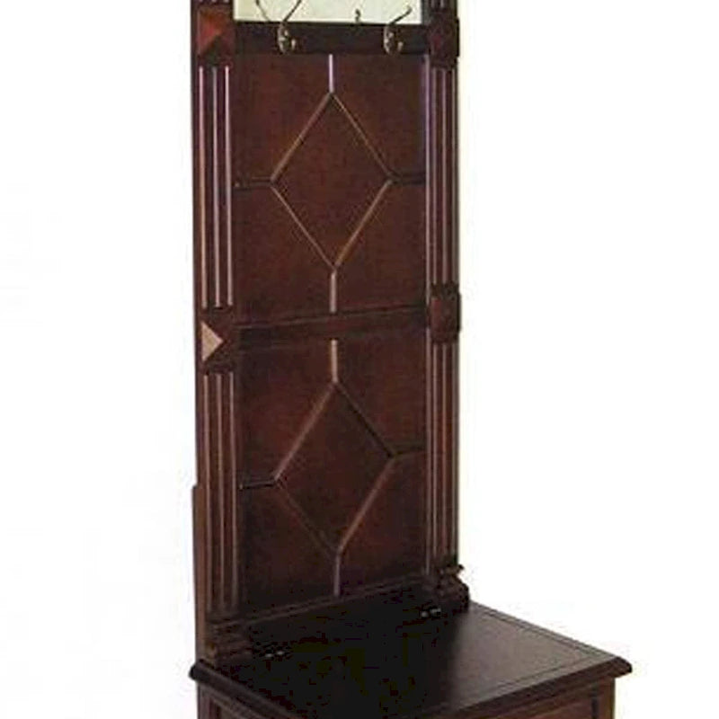 Molded Wooden Frame Hall Tree with Lift Top Box and Mirror Insert, Brown