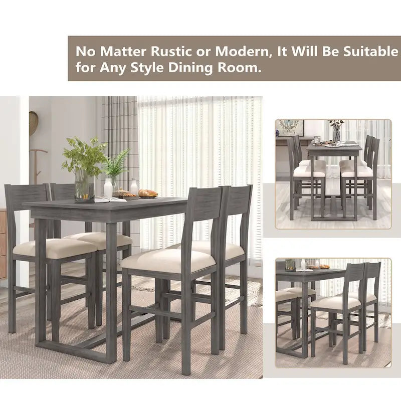 5 Pcs Counter Height Dining Table Set, Solid Wood Kitchen Dining Table Set with Rectangular Dining Table and 4 Dining Chairs