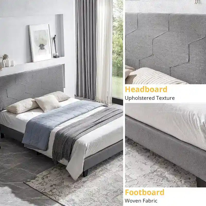 Queen Size Upholstered Platform Bed with Wood Slat Support for Bedroom