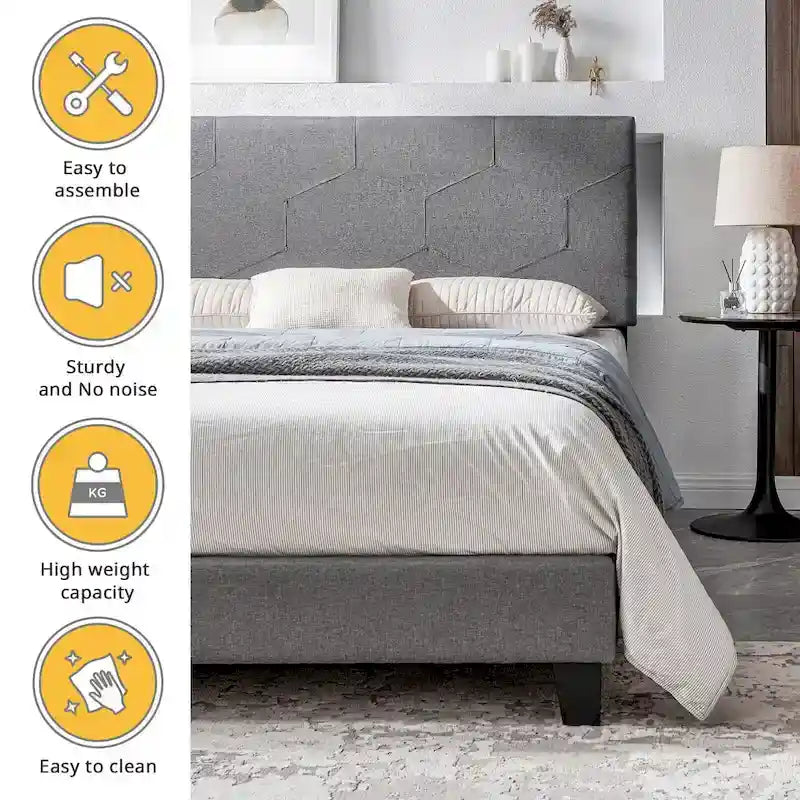 Queen Size Upholstered Platform Bed with Wood Slat Support for Bedroom