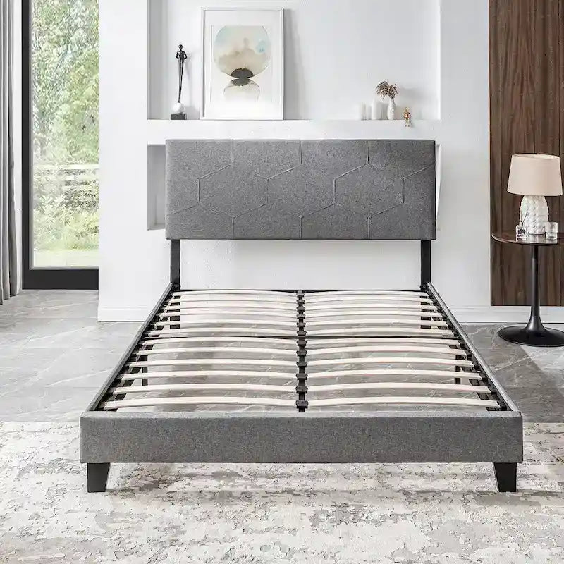 Queen Size Upholstered Platform Bed with Wood Slat Support for Bedroom