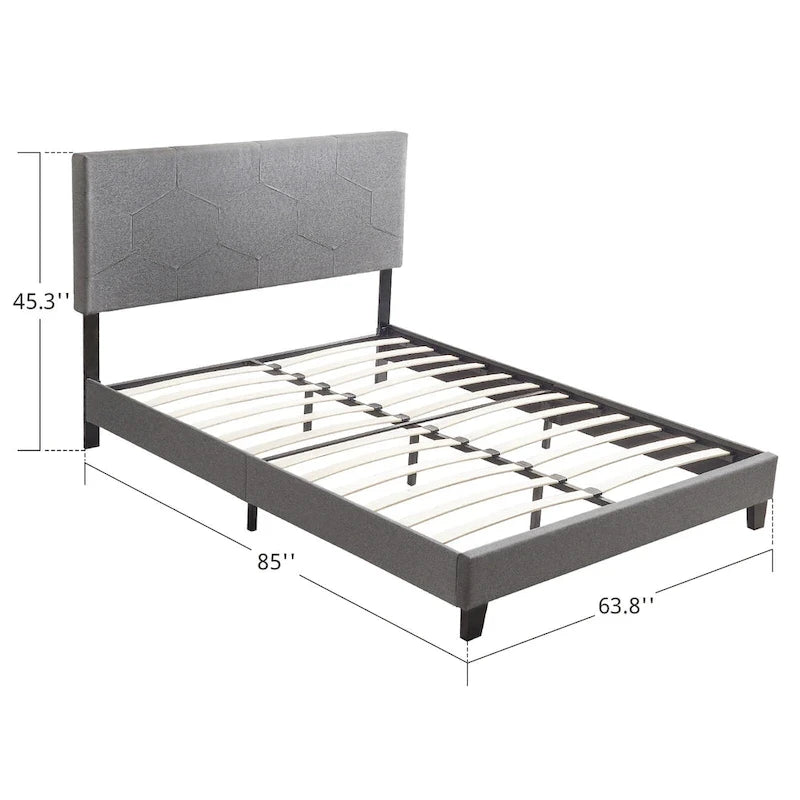Queen Size Upholstered Platform Bed with Wood Slat Support for Bedroom