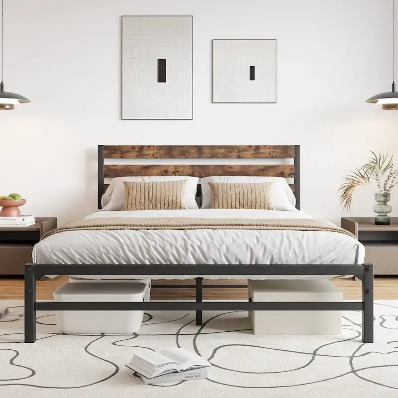 Queen Size Modern Style Metal Platform Bed with Vintage Wooden Headboard