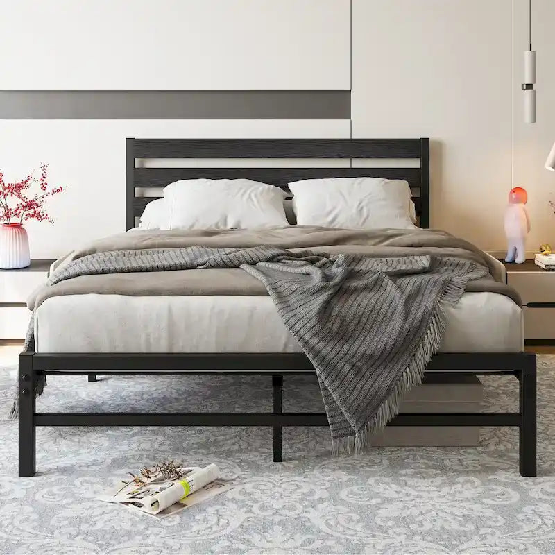 Queen Size Modern Style Metal Platform Bed with Vintage Wooden Headboard