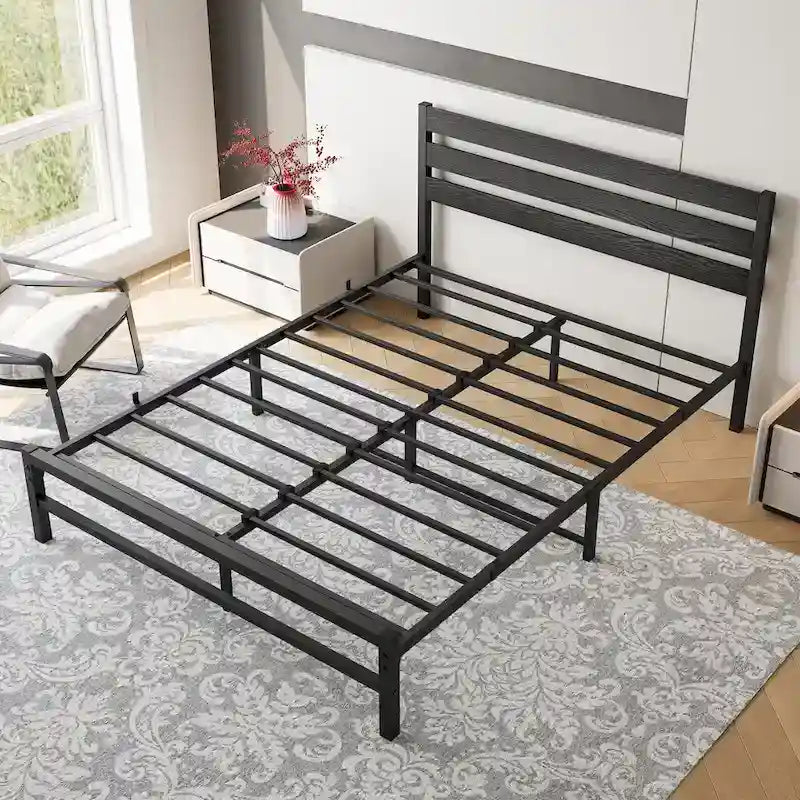 Queen Size Modern Style Metal Platform Bed with Vintage Wooden Headboard
