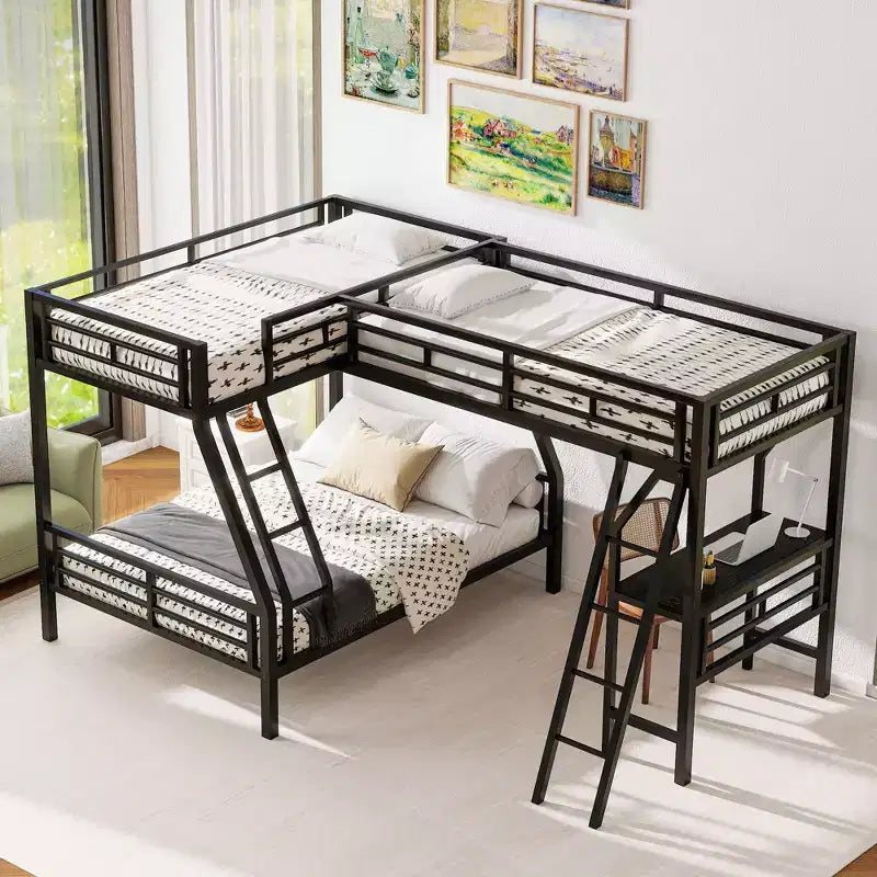 Twin over Full Metal Bunk Bed with Twin Size Loft Bed and Desk,Black -ModernLuxe