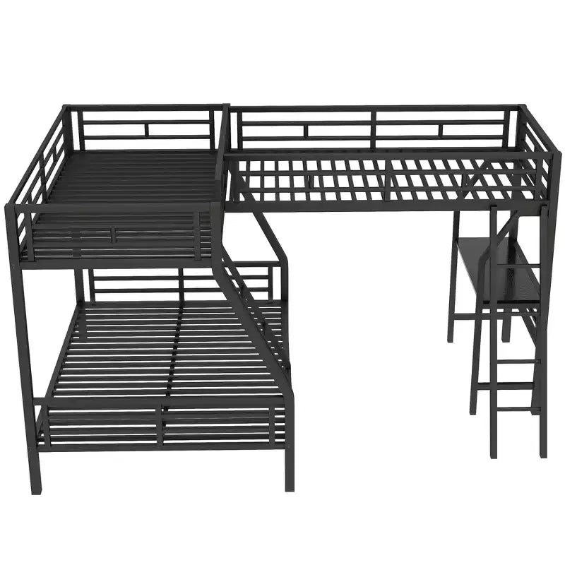 Lit superposé double en métal avec lit mezzanine double et bureau, noir