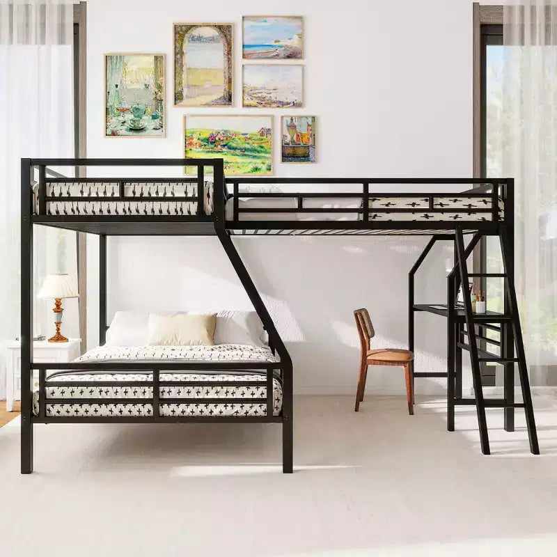 Lit superposé double en métal avec lit mezzanine double et bureau, noir