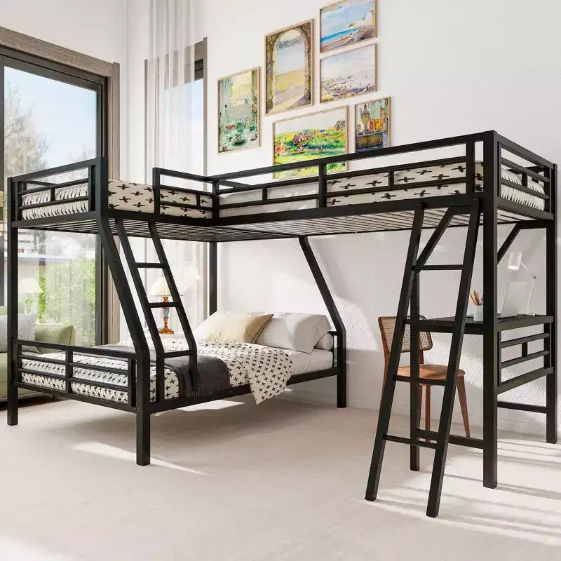 Lit superposé double en métal avec lit mezzanine double et bureau, noir