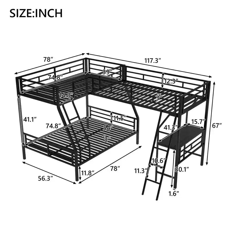 Lit superposé double en métal avec lit mezzanine double et bureau, noir