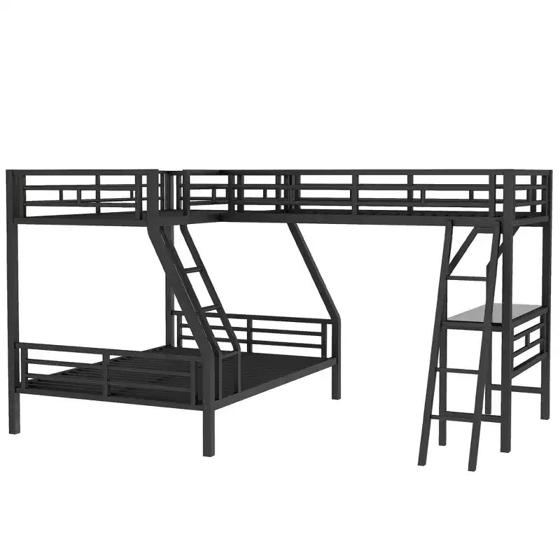 Lit superposé double en métal avec lit mezzanine double et bureau, noir