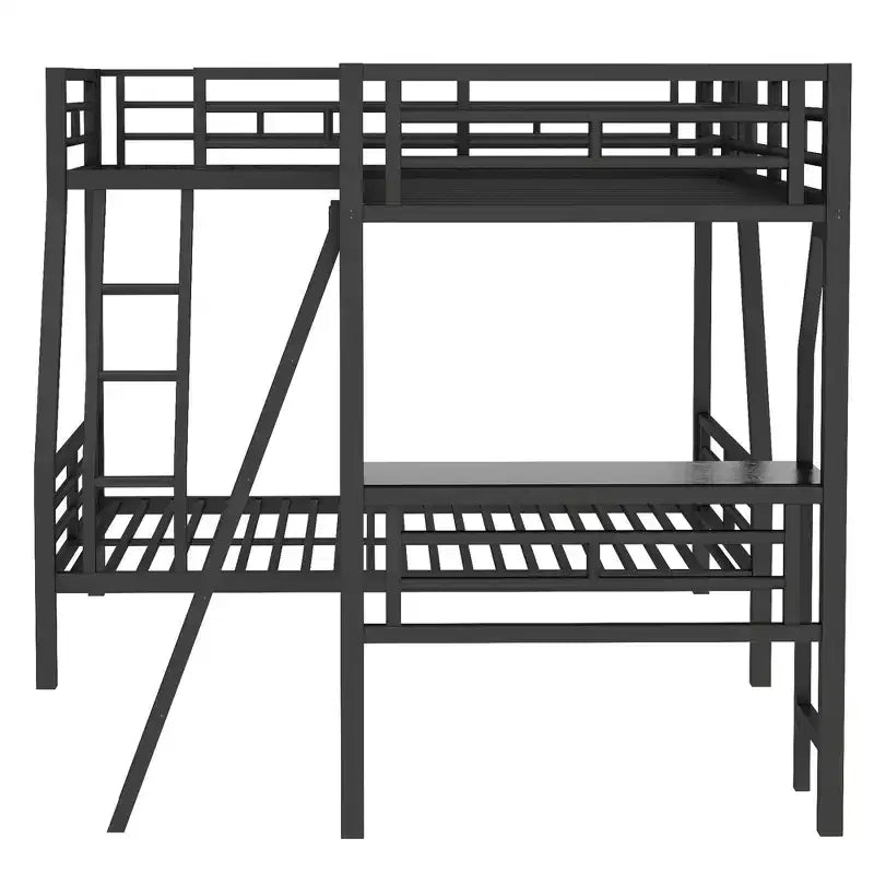 Lit superposé double en métal avec lit mezzanine double et bureau, noir