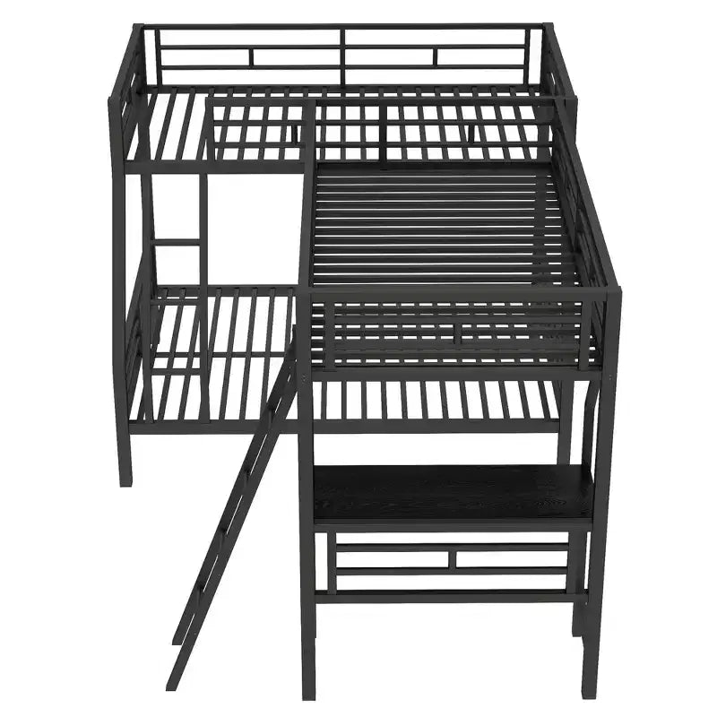 Lit superposé double en métal avec lit mezzanine double et bureau, noir