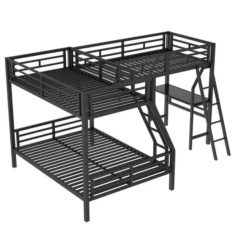 Lit superposé double en métal avec lit mezzanine double et bureau, noir