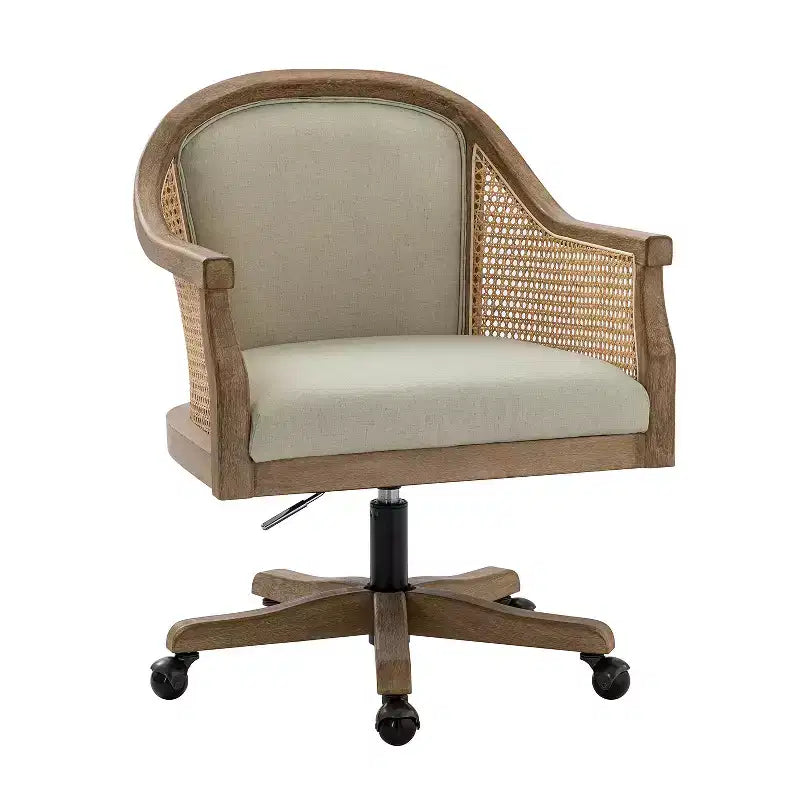 Danilo Swivel Barrel Task Chair with Rattan Arms and natural linen blend & foam cushion| ARTFUL LIVING DESIGN