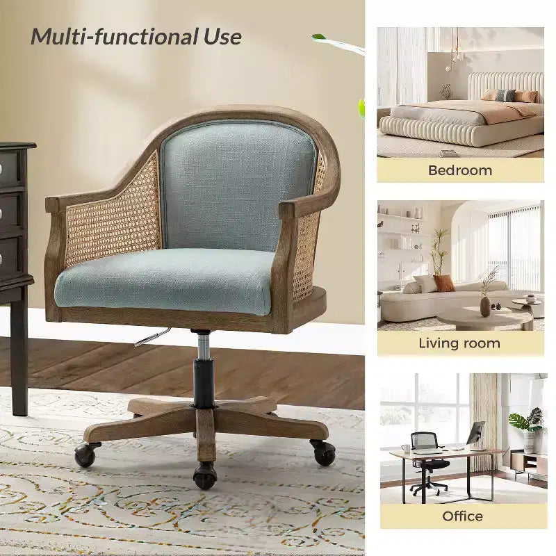 Chaise de bureau pivotante à bras en rotin