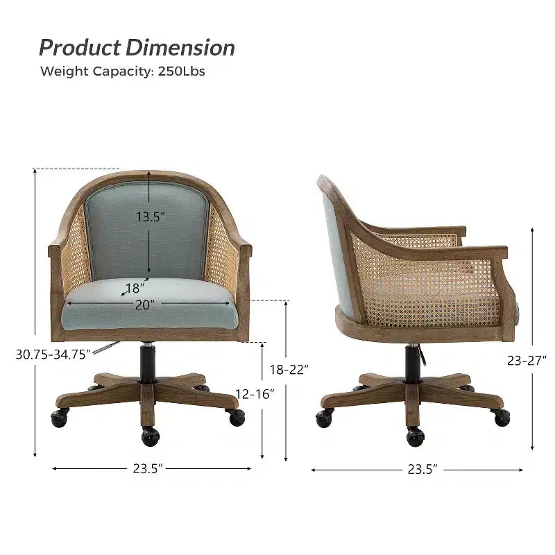 Chaise de bureau pivotante à bras en rotin