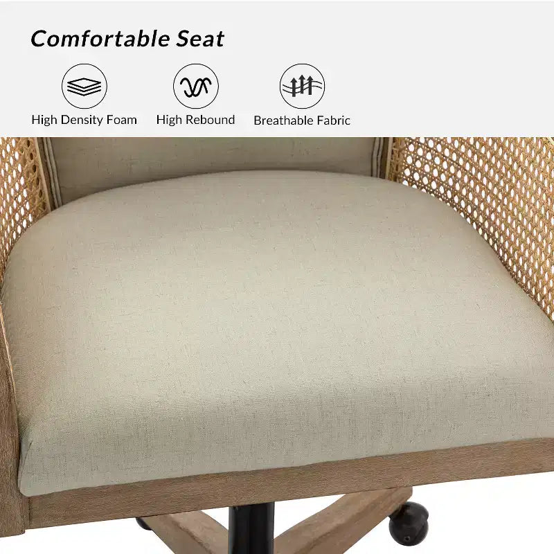 Chaise de bureau pivotante à bras en rotin