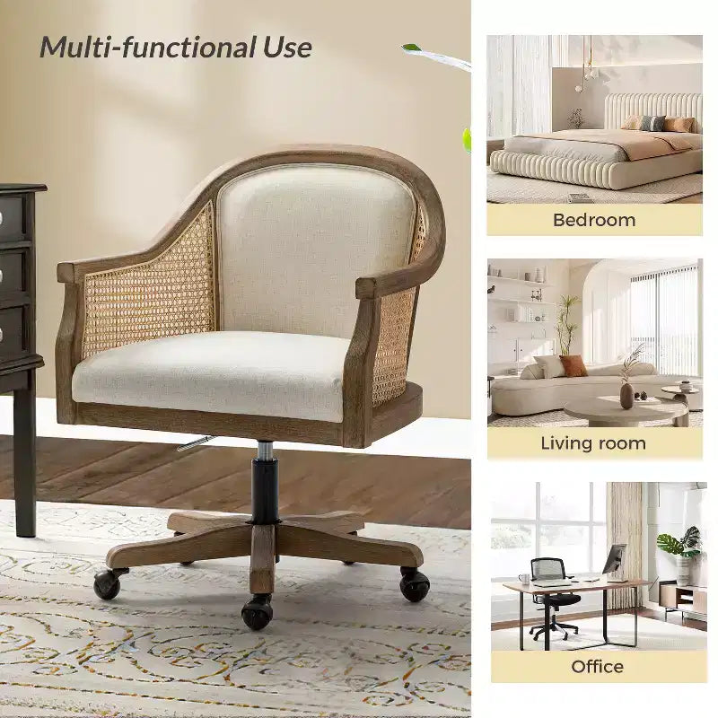 Chaise de bureau pivotante à bras en rotin