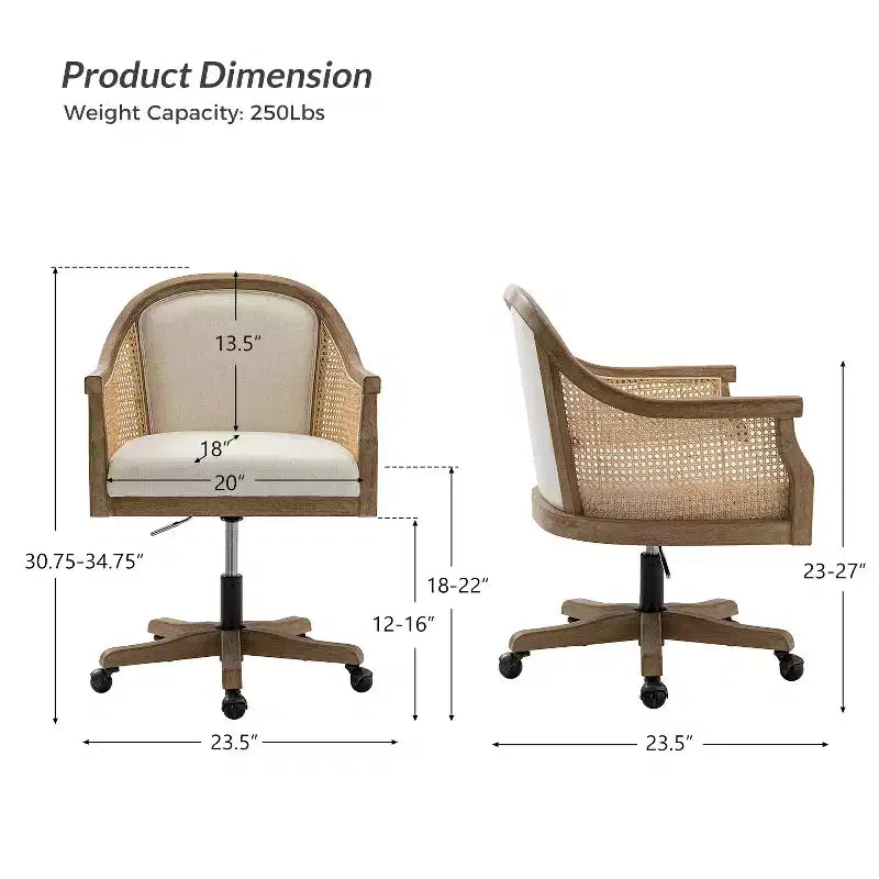 Chaise de bureau pivotante à bras en rotin